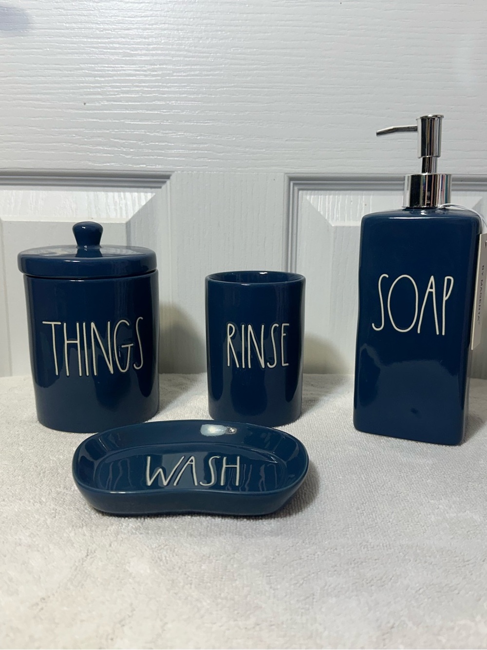 Rae Dunn - Navy Blue Ceramic Bathroom Set - Soap, Things, Rinse, Wash